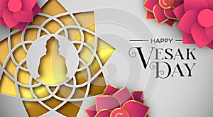 Vesak Day card of papercut buddha and lotus flower