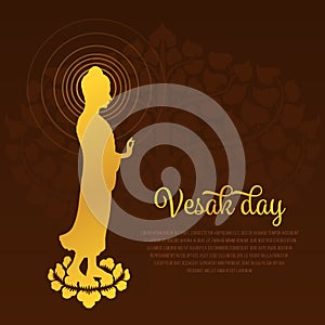 Vesak day with gold Buddha statue standing on lotus and Bodhi Tree background vector design