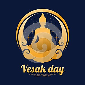 Vesak day - The golden buddha meditation in circle curve frame and star light around on dark blue background vector design photo