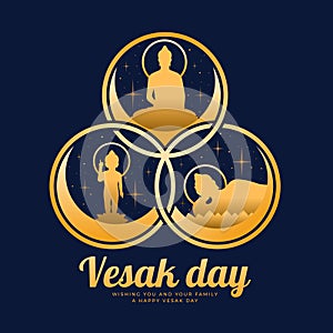 Vesak day The golden three events of buddha are nativity enlightenment and nirvana in ring cross on dark blue background vector