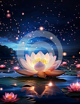 Vesak Day is a holy day for Buddhists, Water lily glowing night twinkle glowing star. Happy Buddha Day celebration