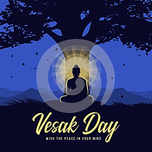 Vesak day - Silhouette The Lord Buddha meditated with radiance light under Bodhi trees at night time vector design