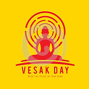 Vesak day wish the peace in your mind - Red buddha meditated with circle radiate from the head sign on yellow background, smooth