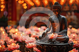 Vesak holiday concept - a serene Buddha statue illuminated by thousands of colorful Vesak lanterns