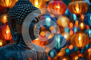 Vesak holiday concept - a serene Buddha statue illuminated by thousands of colorful Vesak lanterns