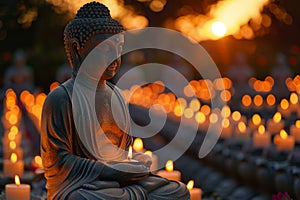 Vesak holiday concept - a serene Buddha statue illuminated by thousands of colorful Vesak lanterns