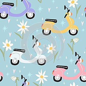 Vespa scooter seamless pattern. Cute background wallpaper with daisy flowers.