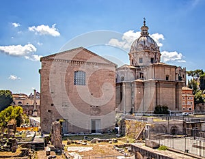 Vespasian Forum, also known as the Temple of Peace,. It is in Roman Forum around the Colosseum in Rome Italy