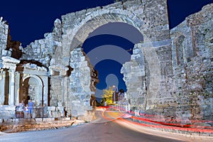 The Vespasian gate to the ancient city of Side at night, Turkey