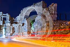 The Vespasian gate to the ancient city of Side at night, Turkey