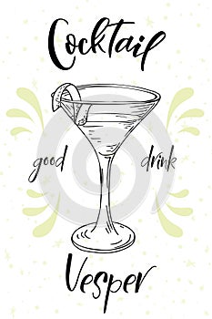 Vesper cocktail. Hand drawn drink on white background. Vector illustration