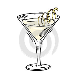 Vesper cocktail with lemon zest in glass. Hand drawn flat style. Cartoon vector illustration. Isolated on white