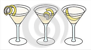 Vesper or Corpse Reviver classic IBA listed cocktail in highball glass. A collection set of three gin based transparent