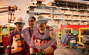 Marine crew get ready during arrival at accommodation work barge