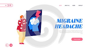 Vessel Rupture, Migraine Landing Page Template. Tiny Female Character Holding Xray of Human Head with Brain Stroke photo