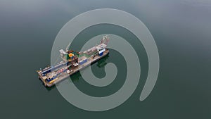 Vessel for sand mining in the lake, aerial view