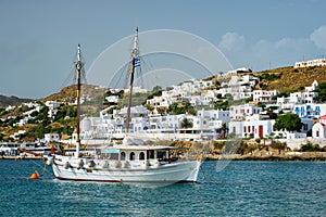 Vessel schooner moored in port harbor of Mykonos island, Greece