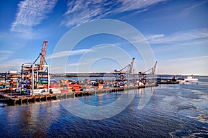 Vessels and cranes in the port of Belfast in Northern Ireland Ireland