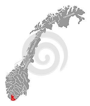 Vest Agder red highlighted in map of Norway