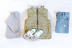 Vest,jumper,hooded sweatshirt,knitted,blue jeans pants with sneakers.Set of baby children's clothes,clothing