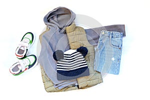 Vest,jumper,hoodie,jeans pants,hat,sneakers. Set of baby children& x27;s clothes,clothing and accessories for spring