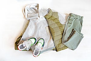 Vest,jumper and jeans pants with sneakers. Set of baby children's clothes,clothing and accessories for spring