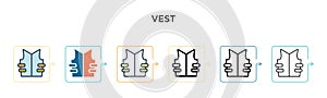 Vest vector icon in 6 different modern styles. Black, two colored vest icons designed in filled, outline, line and stroke style.