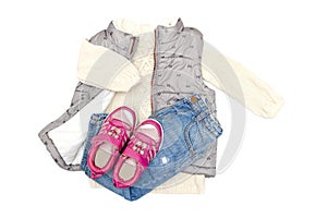 Vest,warm jumper,sweater,jeans pants,pink sneakers. Set of baby children's clothes,clothing for spring,autumn,winter