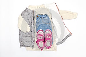 Vest,warm jumper,sweater,jeans pants,pink sneakers.Set of baby children's clothes,clothing for spring,autumn,winter on white