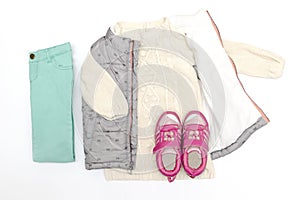 Vest,warm jumper,sweater,jeans pants,pink sneakers.Set of baby children's clothes for spring,winter