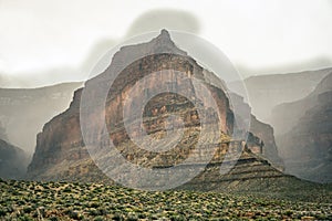 Vesta Temple Juts into Thick Fog Along the Tonto Plateau