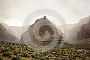 Vesta Temple Surrounded by Fog in the Grand Canyon