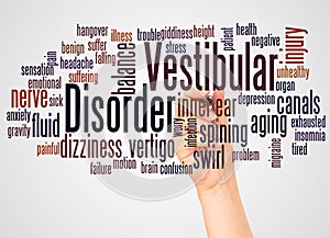 Vestibular disorder word cloud and hand with marker concept