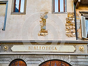 Biblioteca, Public Library, signboard. Citta Alta, Bergamo, Lombardy, Italy photo
