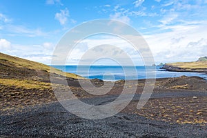 Vestmannaeyjar island beach day view, Iceland landscape