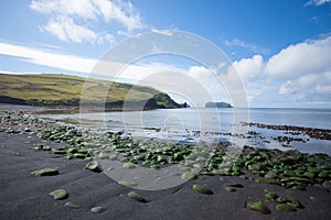 Vestmannaeyjar island beach day view, Iceland landscape. Alsey island