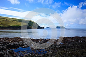 Vestmannaeyjar island beach day view, Iceland landscape. Alsey island