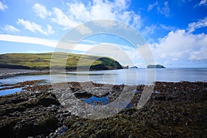 Vestmannaeyjar island beach day view, Iceland landscape. Alsey island