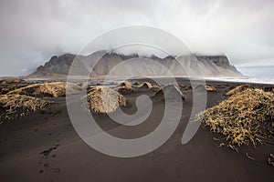 Vesturhorn Mountain and black sand dunes, Iceland