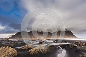 Vesturhorn Mountain and black sand dunes, Iceland