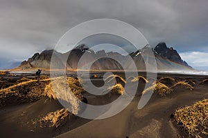 Vesturhorn Mountain and black sand dunes, Iceland