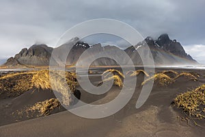 Vesturhorn Mountain and black sand dunes, Iceland