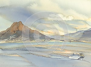 Vesuvius volcano landscape watercolor background