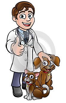 Vet Cartoon Character with Pet Cat and Dog