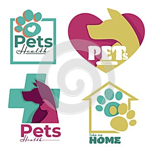 Vet clinic or animal shelter dog and cat isolated icons