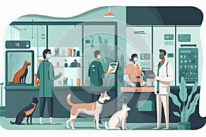 Vet clinic. People with animals visit a pet clinic. Image created with Generative AI technology