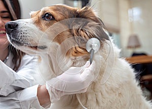 Vet clinic. Veterinarian examine a dog with a medical stethoscope, close up. Pet checkup