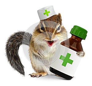 Vet concept, funny squirrel doc hold bottle medications, on whit photo