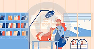 Vet doctor and dog in veterinary clinic cabinet testing blood pressure of pet. Interior concept scene drawn in flat style in