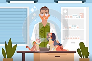 Vet examine. Cartoon veterinary doctor in clinic heals cute cats and dogs, hospital for domestic animals, consulting